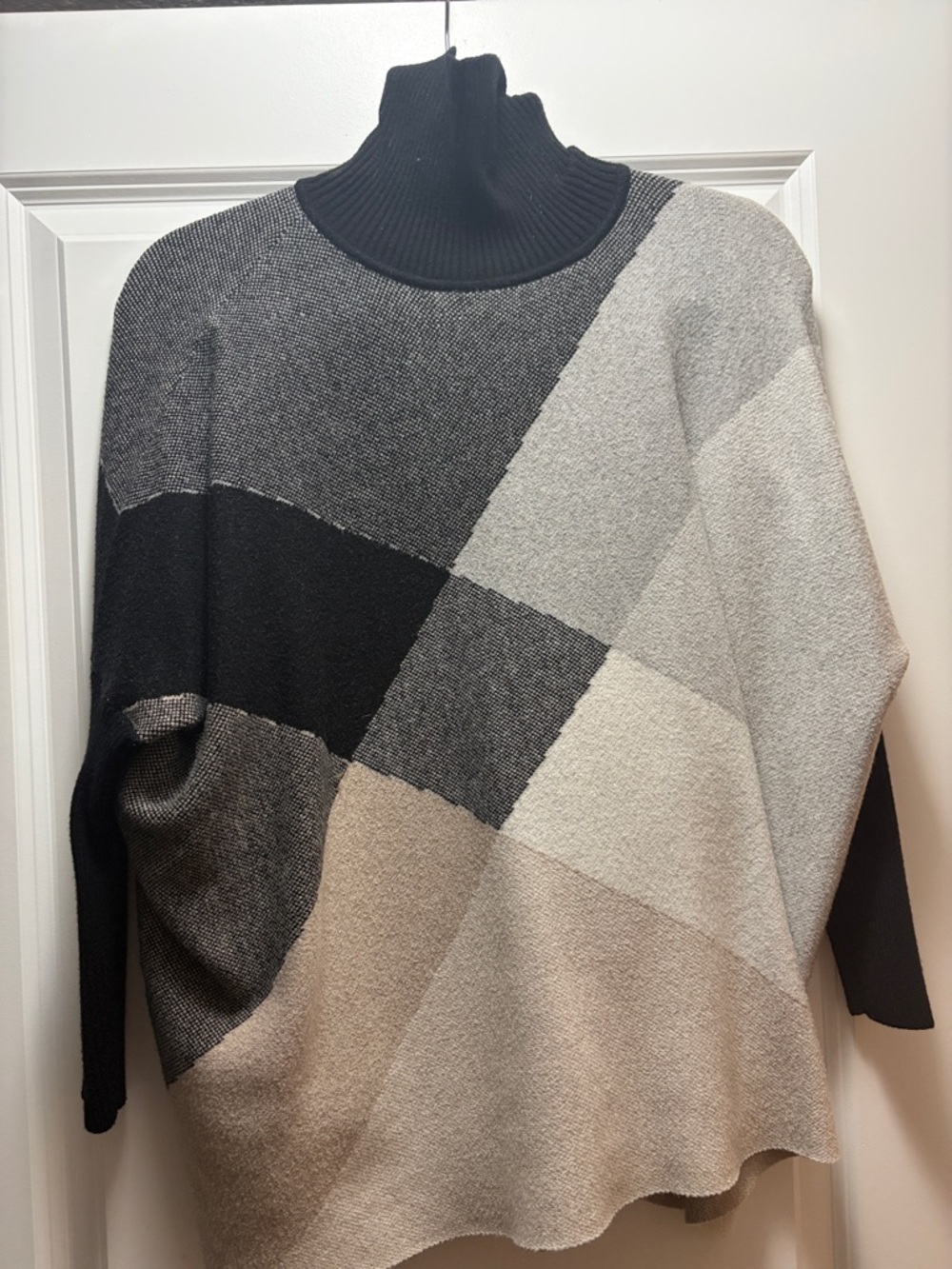 Colorblock Turtleneck Poncho Sweater - Black, Gray, Cream, Tan